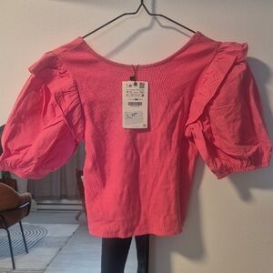 Zara Hot Pink Ruffle Sleeve Blouse